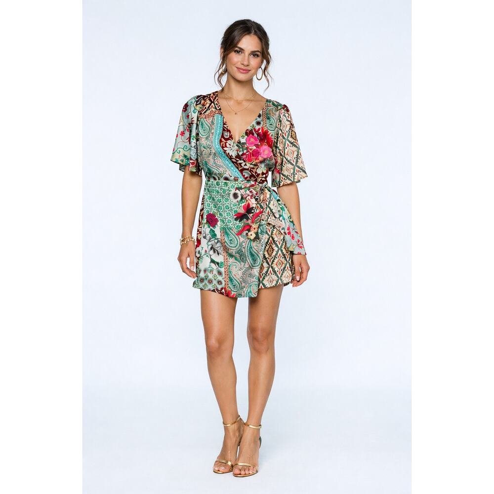 Zara Green Multi Color Pattern Patchwork Floral Mini Dress in Size Small
